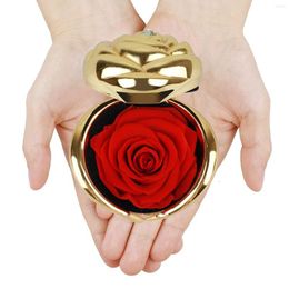 Decorative Flowers Gold Plated Colour Metal Propose Ring Box Stabilised Roses In Wedding Jewellery Present