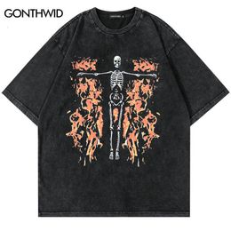 Men's T-Shirts Hip Hop Vintage T-Shirt Streetwear Skull Skeleton Flame Graphic Print Washed Tshirt Punk Gothic Tee Shirts Harajuku Fashion Tops 230426