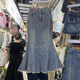 Skirts Trumpet Denim For Women Retro Ruffers High Waist Zipper Jupe A-line Jeans Long Skirt Casual Ladies Clothes Drop