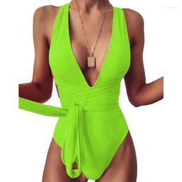 Women's Swimwear Womens One-Piece Bathing Suit Fashion Deep V-Neck Solid Lace Up Swimsuit Sexy Back-Cross Bikinis For Water-Park