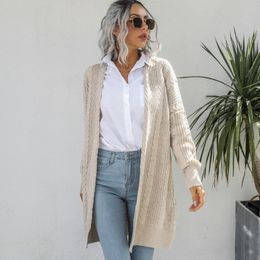 Women's Knits & Tees KHALEE YOSE Cable Knitted Long Sweater Cardigan Vintage Chic Women Jumpers Spring Autumn Beige Ladies Woman Knitwear