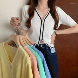 Women's Knits Double End Zipper Cardigan Women Short Sleeve Summer Tops Knitted Sweaters Contrast Striped Crop Female Cute Clothes