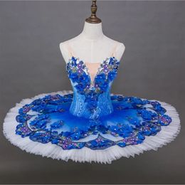 Dancewear Professional Fashion Design Flowers Custom Size Kids Girls Women Adult Performance Competition Wear Blue Ballet Tutu 231124