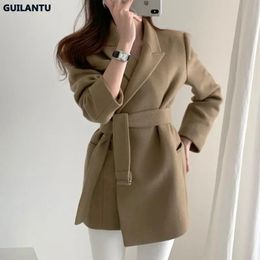 Women's Wool Blends Chic Elegant Woollen blends Blazer Women coat Autumn Winter Thicken Warm Full Sleeve Belt Pockets Female Suit Jackets Korean 2023 231124