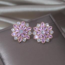 Stud Earrings Korea Design Fashion Jewellery 14K Gold Plated Luxury Pink Zircon Flowers Elegant Women Wedding Party Accessories