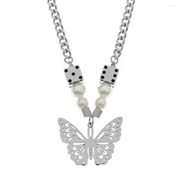 Chains Stainless Steel Hip Hop Minimalist Butterfly Insect Dice Pearl Pendant Necklace Street Dance Jewellery Gift For Him