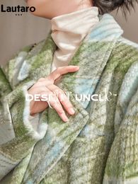 Women's Wool Blends Lautaro Winter Long Warm Colorful Plaid blends Coat for Women Horn Buttons Luxury Designer Clothes Woolen Overcoat 2023 231124
