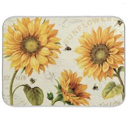 Table Mats Sunflower Bee Dish Drying Mat For Kitchen Counter Decor 18x24 Inch Floral Absorbent Reversible Microfiber Pad