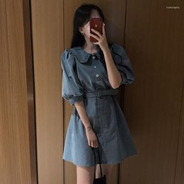 Casual Dresses Vintage One-Picec Summer Women Mini Dress 2023 Korean Fashion Short Sleeve Belt All-Match Female Corduroy Vestidos