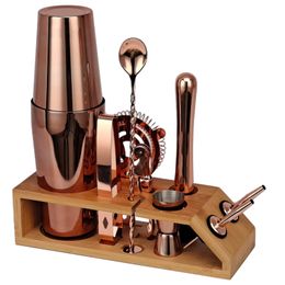 Bar Tools Bartender Kit 10-Piece Rose Gold Cocktail Shaker Set With Trapezoidal Bamboo Stand For Mixed Drinks Martini Home Bar Tools 231124