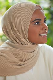 Hijabs 180x90CM Muslim Solid Colour Folds Striped Womens Hijab Womens Fashion Oversized Shawl Scarf Ready Turban Headscarf 230426