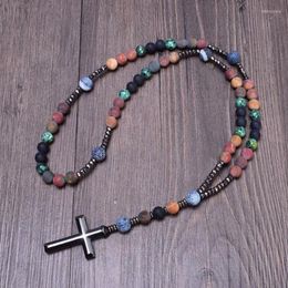 Pendant Necklaces High-quality Catholic Christ Rosary Necklace 8mm Picasso Stone Black Onyx Hematite Cross For Christmas