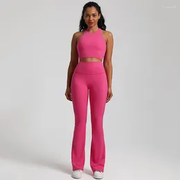 Active Sets Fitness Clothing Top Women's Tracksuit Gym Sportswear Set Yoga Kit Overalls Outdoor Nude Tight Ribbed Bra Wide Leg Pants