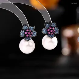 Stud Earrings Baroque Vintage Style Pink Pistil Dark Blue Flower And Pearl Fairy Jewellery