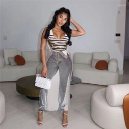 Women's Swimwear Long Dress Women Summer Beach Clothes 2023 Denim Print Sleeveless Neck Cut High Waisted Spandex CoverUp For