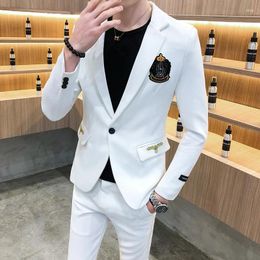 Men's Suits White Elegant British Style Mens Slim Fit With Pants Pink 2 Piece Grey Clothing 2024 Embroidered Prom Wedding Party Wear