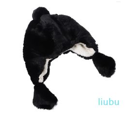 Chapéu peludo e lã com protetores de orelha quente e confortável feminino (preto)