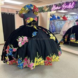 Vintage Mexican Black Quinceanera Dresses 2023 Colorful Flowers Puffy Gothic Prom Dress Corset Vestidos 15 Xv Anos Birthdy Party Sweet 16 Pageant Ceremony Dress