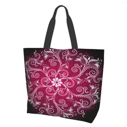 Shopping Bags Purple White And Black Round Floral Frame With Vintage Flowers Tote For Women Reusable Grocery Large