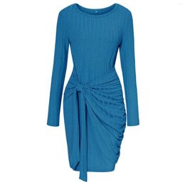 Casual Dresses Women Long Sleeve Round Neck Bow Belt Irregular Party Dress Pleated Slim Mini Solid Colour Female Knitted Bodycon