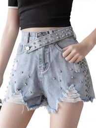 Jeans Design Sense Slimming Rhinestone Denim Shorts 2022 Summer New Diamonds AllMatch Waist Beads Jeans Hot Pants Women'S Clothing