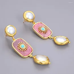 Dangle Earrings Freshwater White Keshi Pearl Natural Rhodochrosite Rising Sun Glod Color Plated Stud For Women