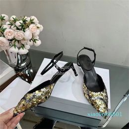 Women's sequin sandals, soft leather, light color, ripe pointed toe, paired with a dress, fashionable style, black high heels, 4.5cm shoes, summer shoes, 35-41