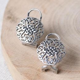 Stud Earrings S925 Pure Silver Jewelry Matte Craft For Women Engraved Wishful Auspicious Knots Thai Retro Woman