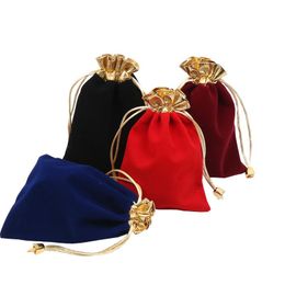 Velvet Drawstring Pouches Bags gold side flannel bags Gift bag Flocked Jewellery pouch Favour Holders velvet drawstring bag