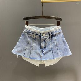 Skirts 2023 Spring Contrast Color Patchwork Denim Skirt Women Hem Burrs High Waist Loose Wrap Hip Y2k Female Jean
