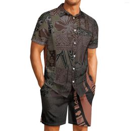 Men's Tracksuits Polynesian Tribal Hawaiian Totem Tattoo Hawaii Prints Comfort Men Sweat Suit Lapel Black Shirt Beach Shorts Casual 2Piece