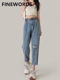 Jeans FINEWORDS Vintage Washed Ripped Hole Harem Jeans Women Casual High Waist Korean Boyfriend Jeans Streetwear Cuff Loose Mom Jeans