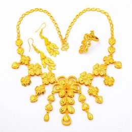 Women Pendant Necklace Earrings Ring Set Real Beautiful 18k Yellow Gold Filled Phoenix Luxury Lady Gift Wedding Bridal Jewelry Set