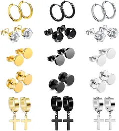 Hoop Earrings 15 Pairs Stainless Steel Stud Kit For Men Women Fashion Piercing Jewelry Cross Dangle Set Gifts