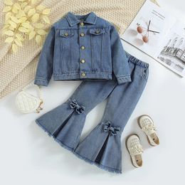 Family Matching Outfits 4 6Y Fashion Kids Girls Autumn Clothes Sets 2pcs Solid Color Denim Long Sleeve Lapel Button Jacket Bowknot Flare Pants 231124