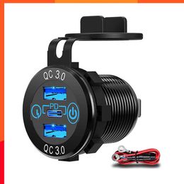 New 60W Dual QC 3.0 USB PD Type-C Triple Socket 12-24V Aluminium Car Charger with Touch Switch Waterproof for Car Boat Marine RV