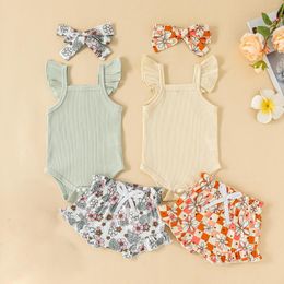 Clothing Sets Pudcoco Infant Born Baby Girl Clothes Suits Solid Colour Knit Rib Sleeve Romper Floral Shorts Headband 3Pcs Set 0-18M