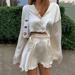 Two Piece Dress White Elegant Satin 2 Set Women Lantern Long Sleeves Crop Tops Cardigan Sexy High Waist Mini Tennis Sports Skirts 230425