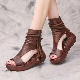 Sandals Women Summer Footwear Roman Boots 2023 Mid Heel Wedges Casual Elegant Ladies Shoes Vintage PU Leather Platform Sandalias