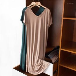 Party Dresses 2023 Summer Women V-neck Mid-Calf Length Short Sleeve Solid Color Nightgown Dress Female Casual Loose Modal Home Z213