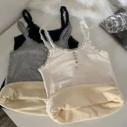 Women's Tanks Camisole Undershirt Women Padded Thickened Warm Inner T-Shirt Lace Sexy Button Fashion Bottoming Winter Female Underwear