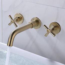 Bathroom Sink Faucets SKOWLLL Faucet Wall Mount Tub Filler With 2 Cross Handles Brushed Gold SK-6115