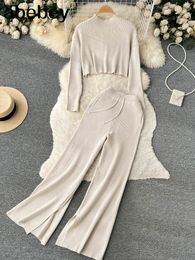 Women's Two Piece Pants Solid Knitted Pieces Set Loose Pattern Crop TopWide Legs Long Sets Fashion Casual Sweater Suits 230426