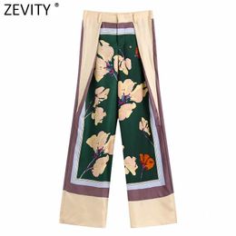 Capris Zevity New Women Vintage Patchwork Floral Print Silk Wide Leg Pants Female Chic Retro Button Fly Trousers Pantalones Mujer P1199