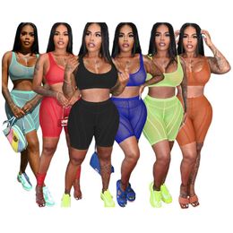 Designer Summer Tracksuits Sheer Mesh Two Piece Sets Women Outfits Summer Sexy See Through Vest Crop Top and Shorts Night Club Wear Clothing 9790