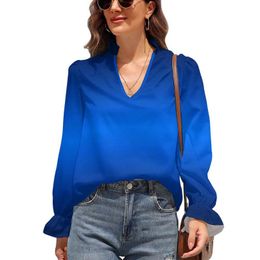 Women's Blouses & Shirts Electric Blue Chiffon Blouse Minimalist Glow Gradient Office Work Womens V Neck Street Fashion Shirt Graphic TopWom