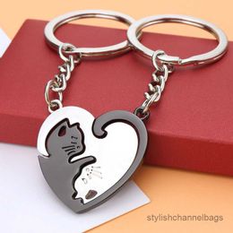 4pcs Keychains Cute Black Cat Keychain Heart Round Couple Lovers Keyring Stainless Steel Backpack Key Ring Hanging Jewelry