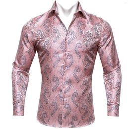 Men's Casual Shirts Barry.Wang Silk For Men Exquisite Pink Floral Turn-down Collar Long Sleeve Embroidered Fit Party Wedding CY-0419