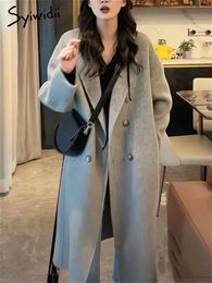 Women's Wool Blends Syiwidii Solid Long Coat Women Autumn Winter 2023 Fashion Sleeve Turn Down Collar Jacket Casual Double Breasted Coats 231124