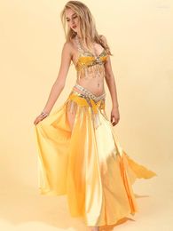 Stage Wear Women Adult Belly Dance Bra Beading Split Skirt Bow Swing Long Dress Mesh Ethnic Dancewear Performance Three Piece Sets